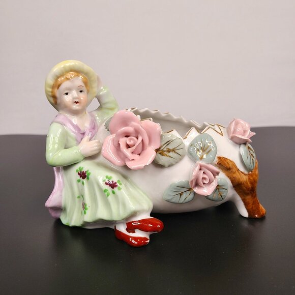 Vintage Ceramic Planter with large egg, girl, and applied pink flowers - Picture 1 of 7
